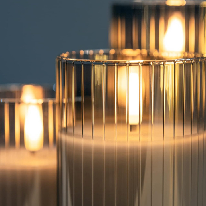 Gråa Randiga Glas Ledljus 3-Pack