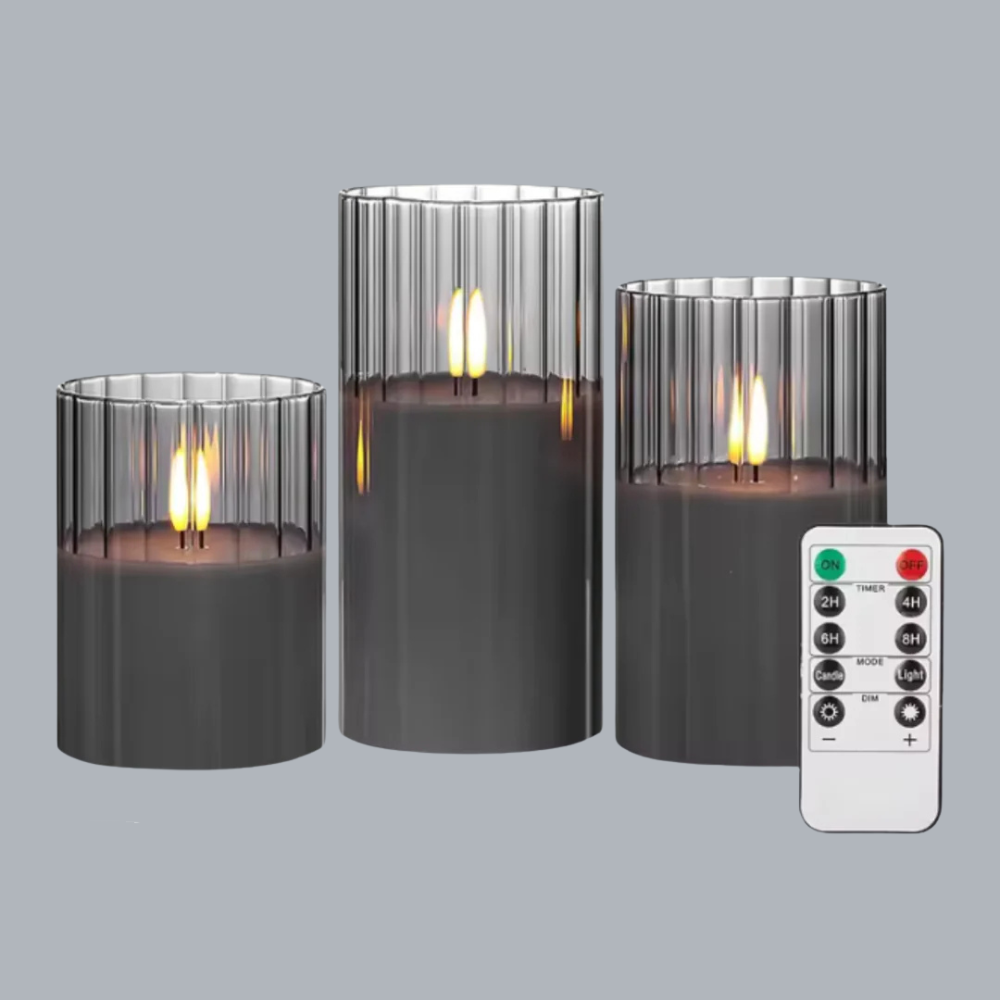 Gråa Randiga Glas Ledljus 3-Pack