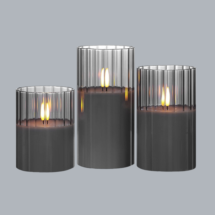 Gråa Randiga Glas Ledljus 3-Pack